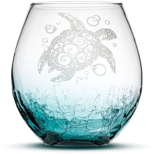 Crackle Teal Wine Glass, Sea Turtle Design, Hand Etched, 18oz by Integrity Bottles