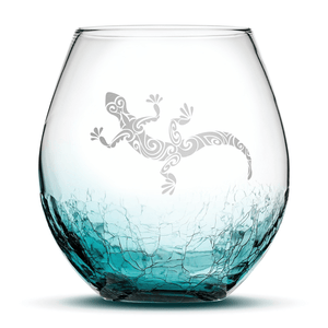 Crackle Teal Wine Glass with Gecko Design, Hand Etched by Integrity Bottles