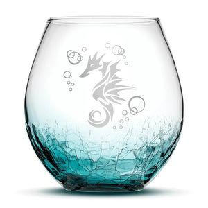 Crackle Teal Wine Glass with Seahorse Design, Hand Etched by Integrity Bottles