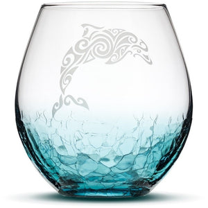 Crackle Teal Wine Glass with Tribal Dolphin, Hand Etched by Integrity Bottles