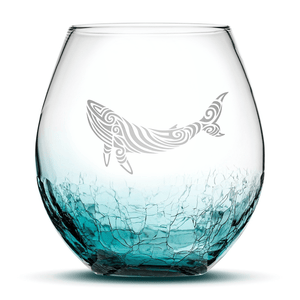Crackle Teal Wine Glass with Tribal Whale Design, Hand Etched by Integrity Bottles