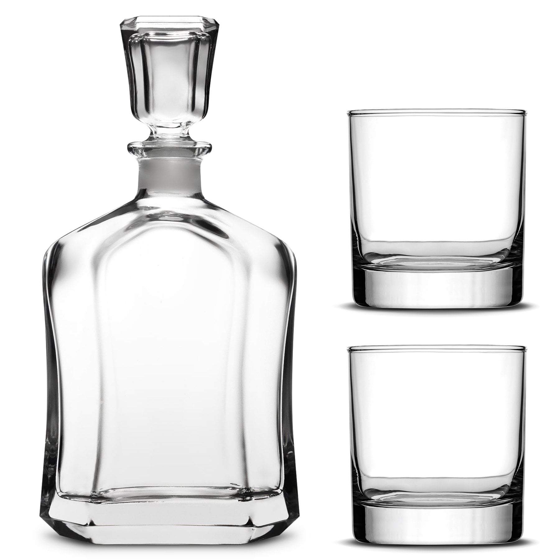 Custom Etched Refillable Capital Decanter with Set of 2 Custom Whiskey Glasses, Laser Etched or Hand Etched
