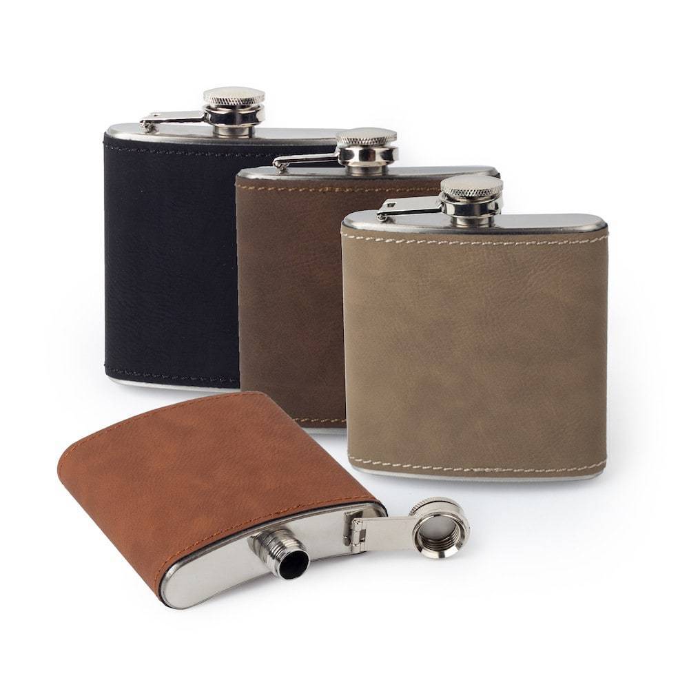Custom Etched Saddle Leather Flask, 6 Ounce Integrity Bottles