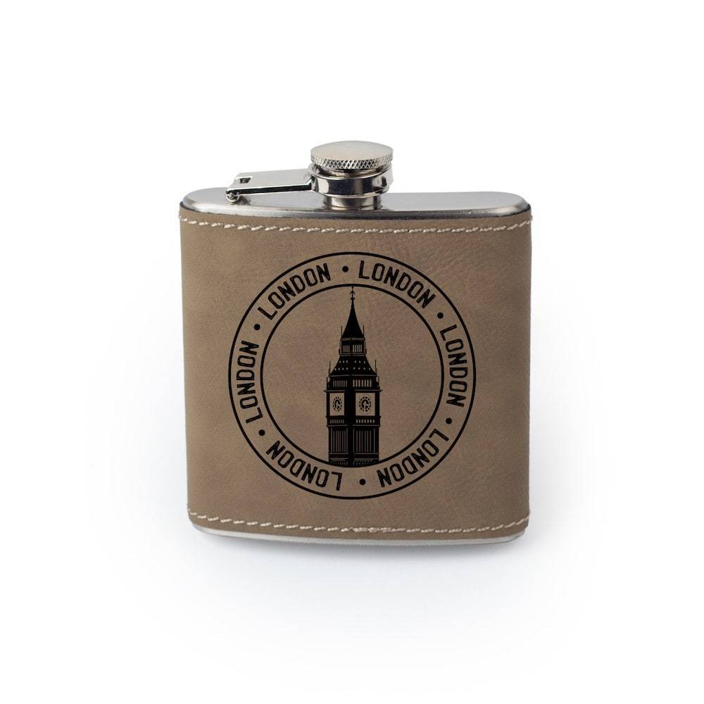Custom Etched Saddle Leather Flask, 6 Ounce Integrity Bottles