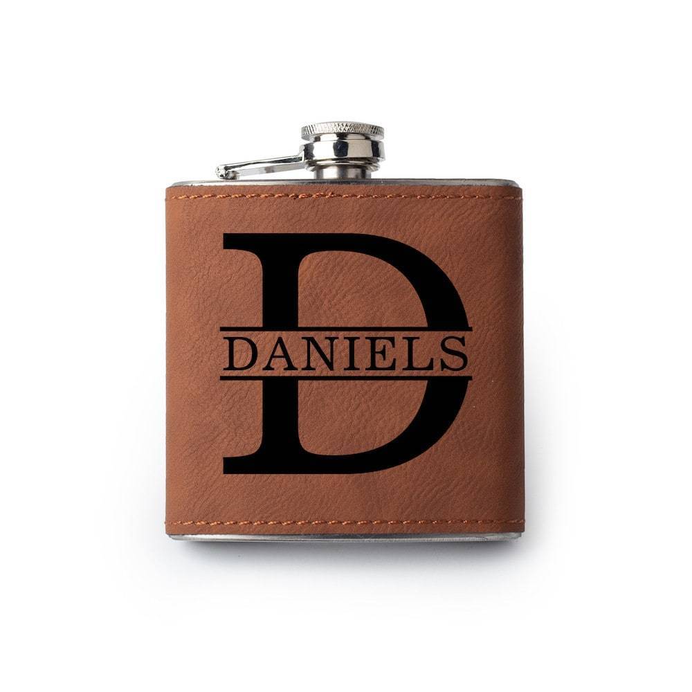 Custom Etched Saddle Leather Flask, 6 Ounce Integrity Bottles