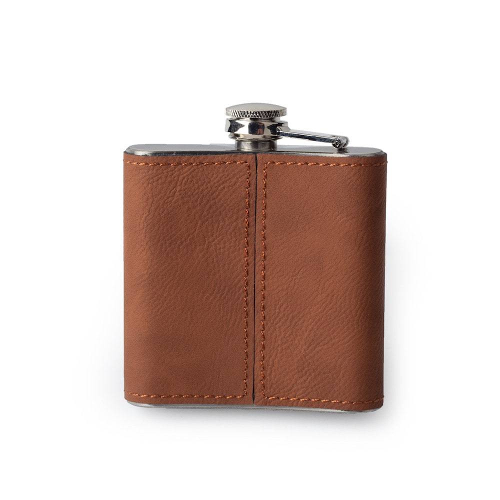 Custom Etched Saddle Leather Flask, 6 Ounce Integrity Bottles
