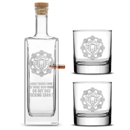Deep Etch (no color) Premium .50 Cal BMG Bullet Bottle Gift Set, Liberty Whiskey Decanter, Brojaq Sprocket, 750mL Integrity Bottles
