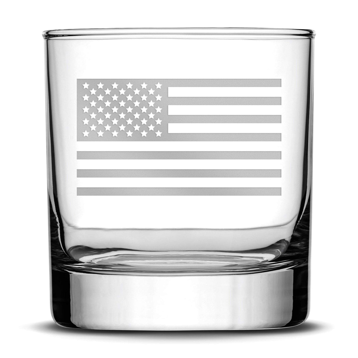 Deep Etch (no color) Premium Whiskey Glass, American Flag, 11oz Integrity Bottles