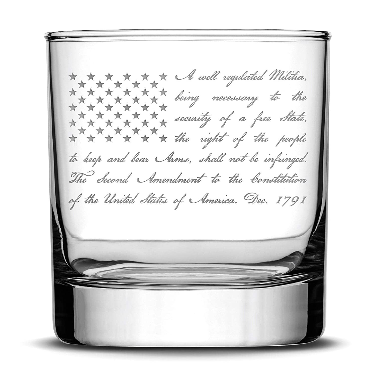Deep Etch (no color) Premium Whiskey Glass, Hand-Etched Liquor and Rocks Tumbler, 2nd Amendment Flag, Made in USA, 11oz by Integrity Bottles