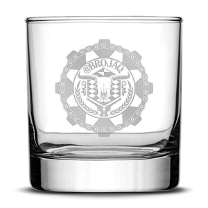 Deep Etch (no color) Premium Whiskey Glass, Hand-Etched Liquor and Rocks Tumbler, Old Fashioned Brojaq Sprocket, Made in USA, 11oz Integrity Bottles