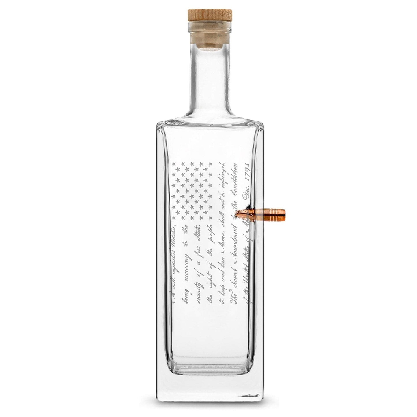 Premium .50 Cal BMG Bullet Bottle, Liberty Whiskey Decanter Cork Stopper, 2nd Amendment Flag, 750mL, Laser Etched or Hand Etched