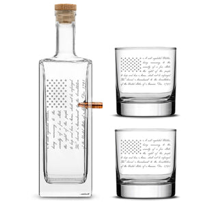 Premium .50 Cal Bullet Bottle Set, Liberty Whiskey Decanter Cork Stopper, 2nd Amendment Flag, 750mL