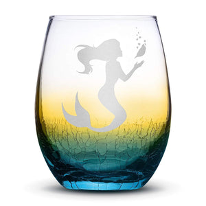 Default Title Crackle Ombre Wine Glass with Mermaid #1 Design, Hand Etched Integrity Bottles