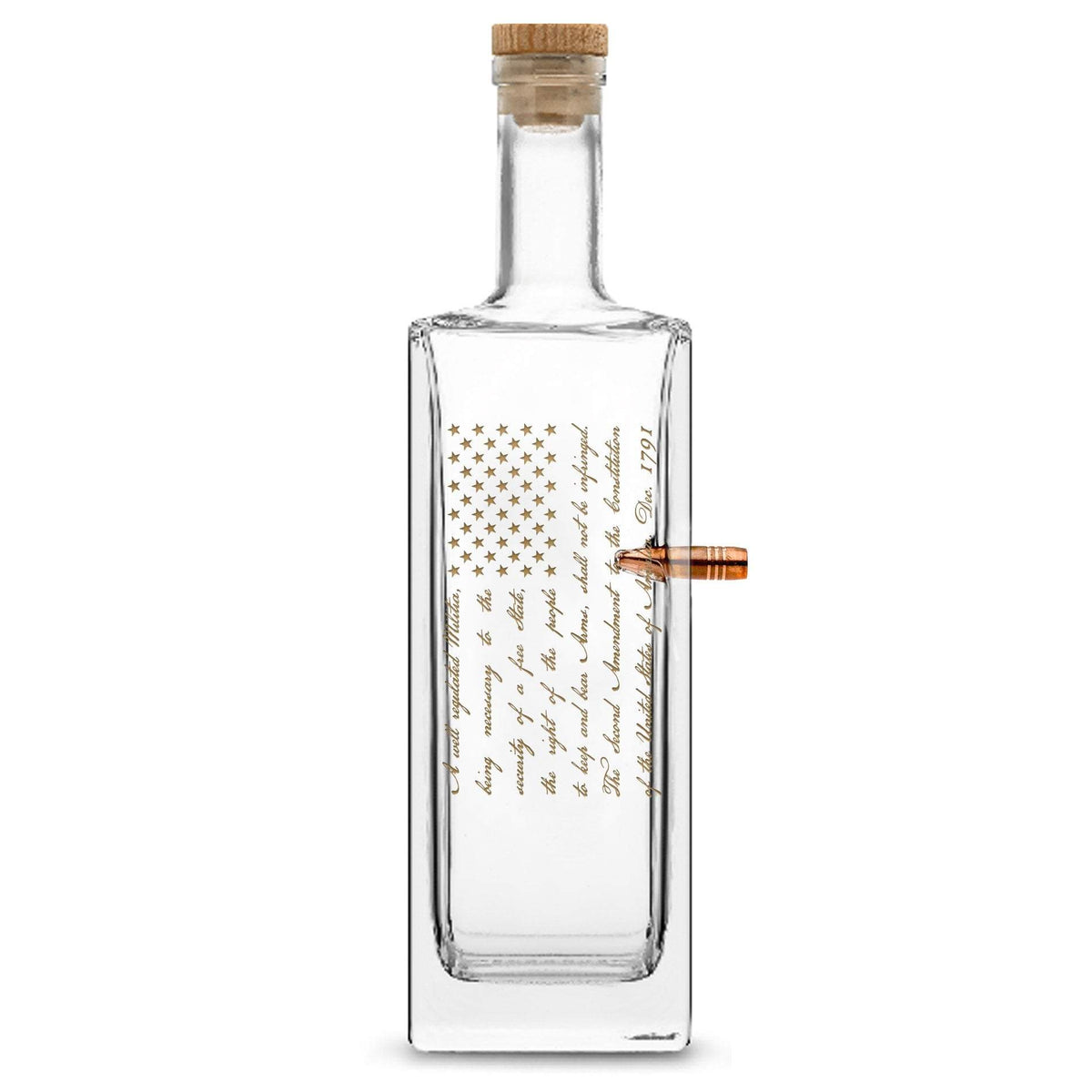 Premium .50 Cal BMG Bullet Bottle, Liberty Whiskey Decanter Cork Stopper, 2nd Amendment Flag, 750mL, Laser Etched or Hand Etched
