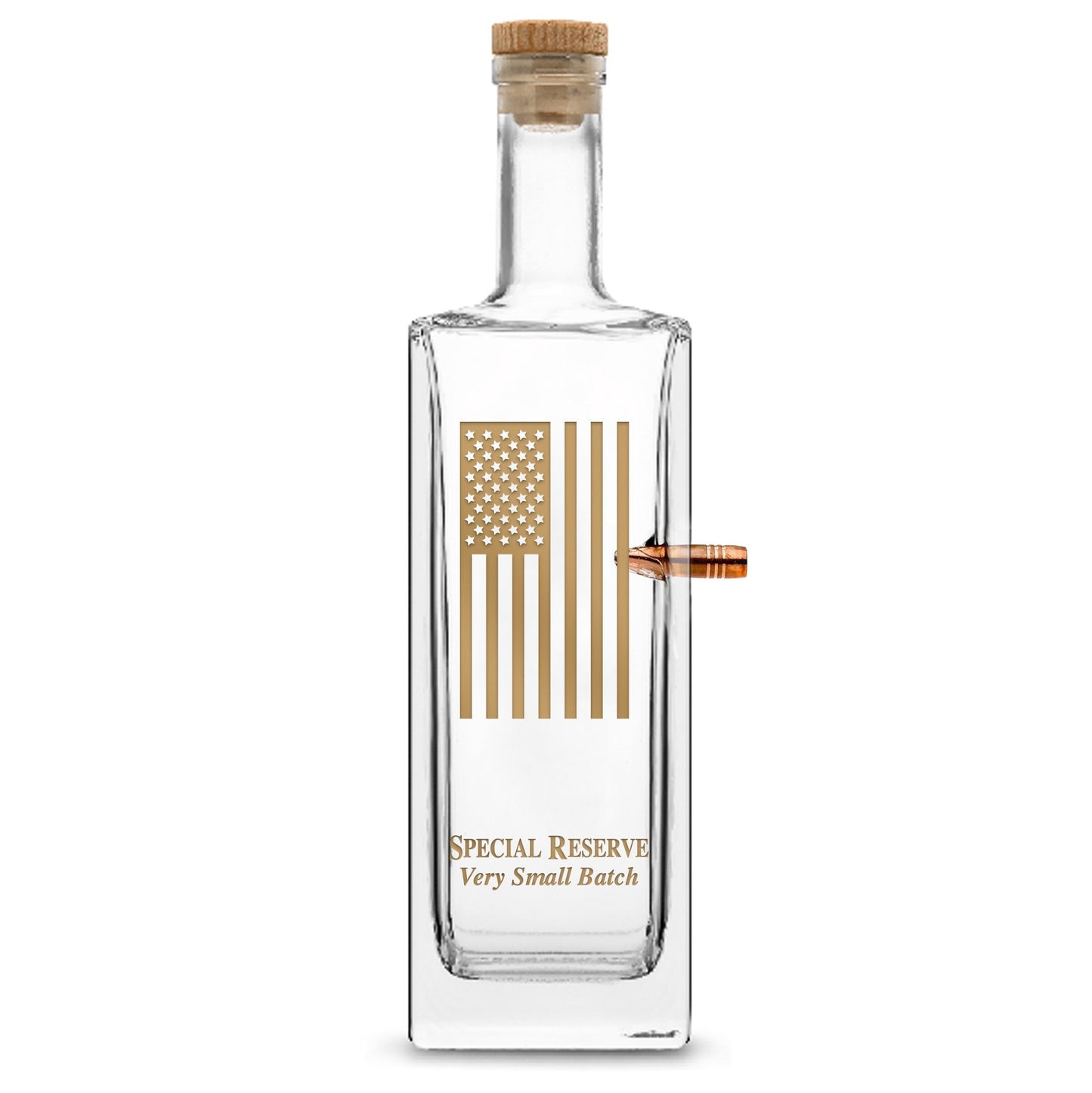Gold Etch Premium .50 Cal BMG Bullet Bottle, Liberty Whiskey Decanter with Cork Stopper, American Flag, 750mL by Integrity Bottles
