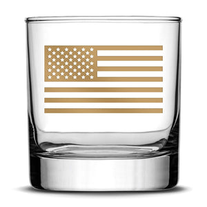 Gold Etch Premium Whiskey Glass, American Flag, 11oz Integrity Bottles
