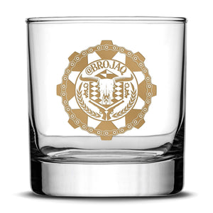 Gold Etch Premium Whiskey Glass, Hand-Etched Liquor and Rocks Tumbler, Old Fashioned Brojaq Sprocket, Made in USA, 11oz Integrity Bottles