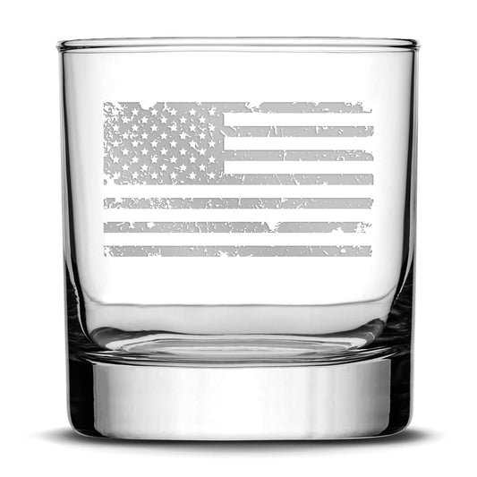 Premium Distressed American Flag Whiskey Glass, Laser Etched or Hand Etched 11oz Rocks Glass, Made in USA, Laser Etched or Hand Etched