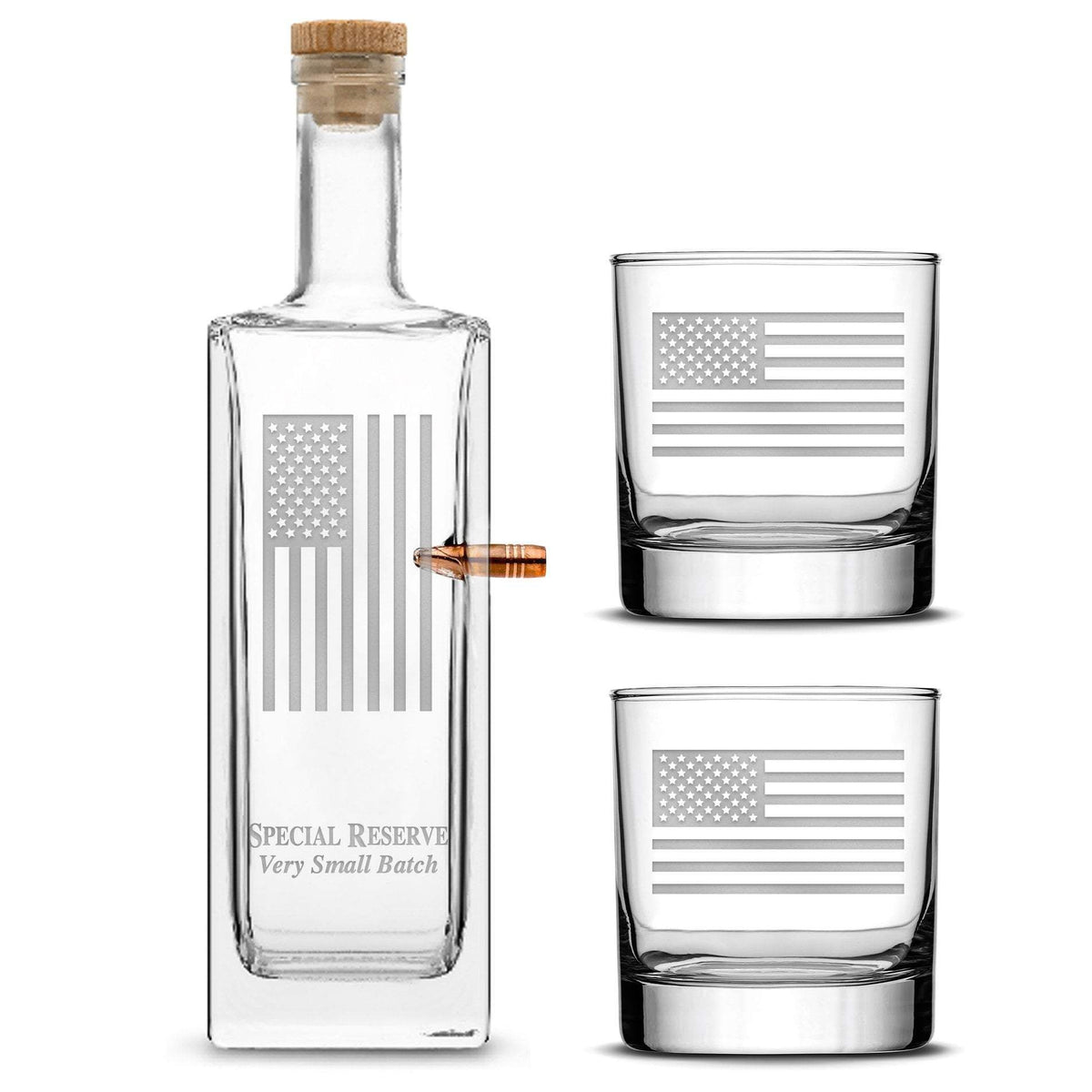 Premium .50 Cal BMG Bullet Bottle Gift Set, Liberty Whiskey Decanter, American Flag, 750mL, Laser Etched or Hand Etched
