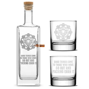 Premium .50 Cal BMG Bullet Bottle Gift Set, Liberty Whiskey Decanter, Brojaq Sprocket, 750mL by Integrity Bottles