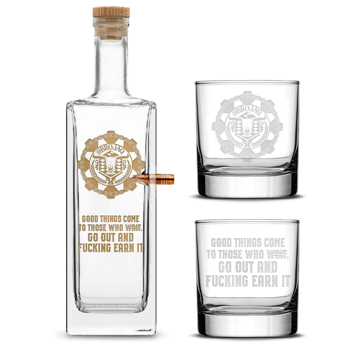 Premium .50 Cal BMG Bullet Bottle Gift Set, Liberty Whiskey Decanter, Brojaq Sprocket, 750mL by Integrity Bottles