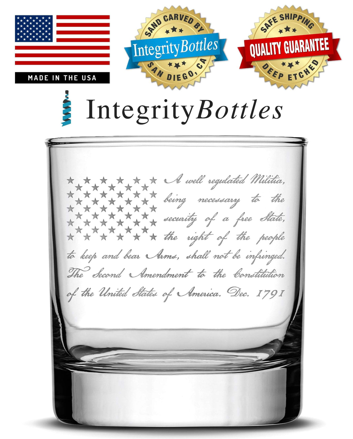 Premium .50 Cal Bullet Bottle Set, Liberty Whiskey Decanter Cork Stopper, 2nd Amendment Flag, 750mL, Laser Etched or Hand Etched