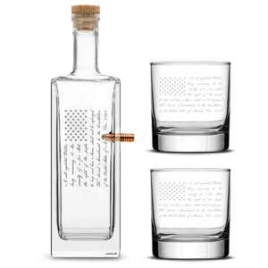 Premium .50 Cal Bullet Bottle Set, Liberty Whiskey Decanter Cork Stopper, 2nd Amendment Flag, 750mL by Integrity Bottles