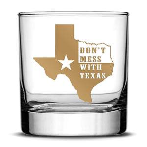 Premium "Don't Mess With Texas" Whiskey Glass - Hand-Etched Liquor Rocks Tumbler - Old Fashioned Unique Gifts for Men, Made in USA - 11oz Integrity Bottles