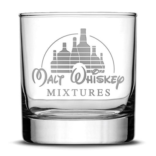 Premium Malt Whiskey Mixtures Whiskey Glass, Hand Etched 10oz Rocks Glass by Integrity Bottles
