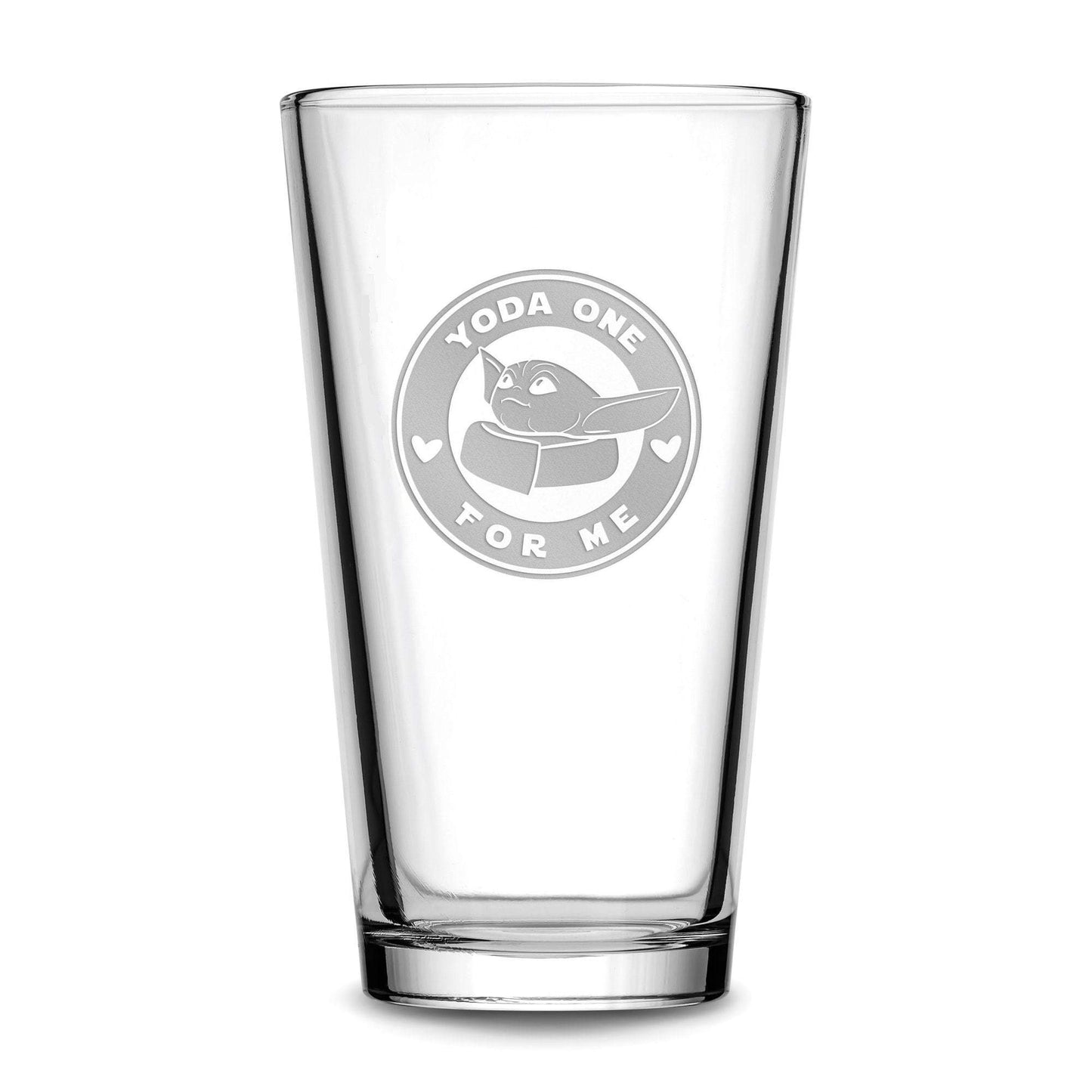 Premium Pint Glass, Baby Yoda One For Me - Circle Logo, 16oz, Laser Etched or Hand Etched