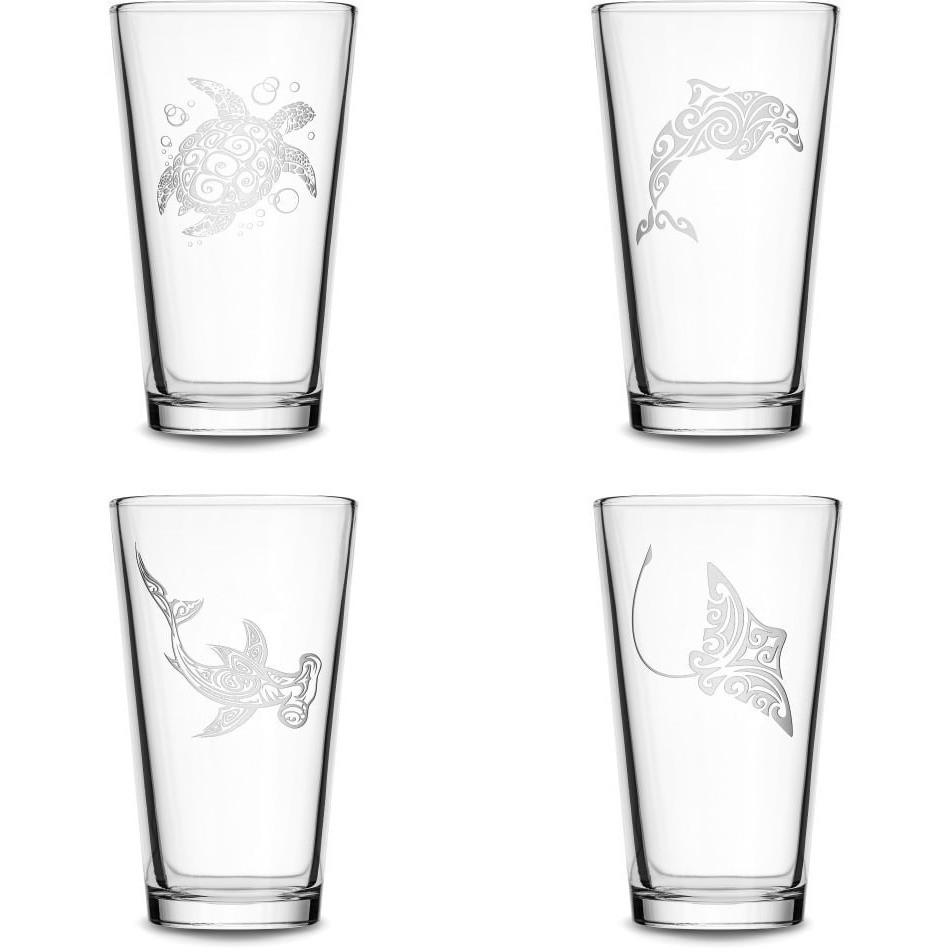 Premium Pint Glasses, Shark, Dolphin, Sea Turtle, and Stingray Designs, 16oz (Set of 4) by Integrity Bottles