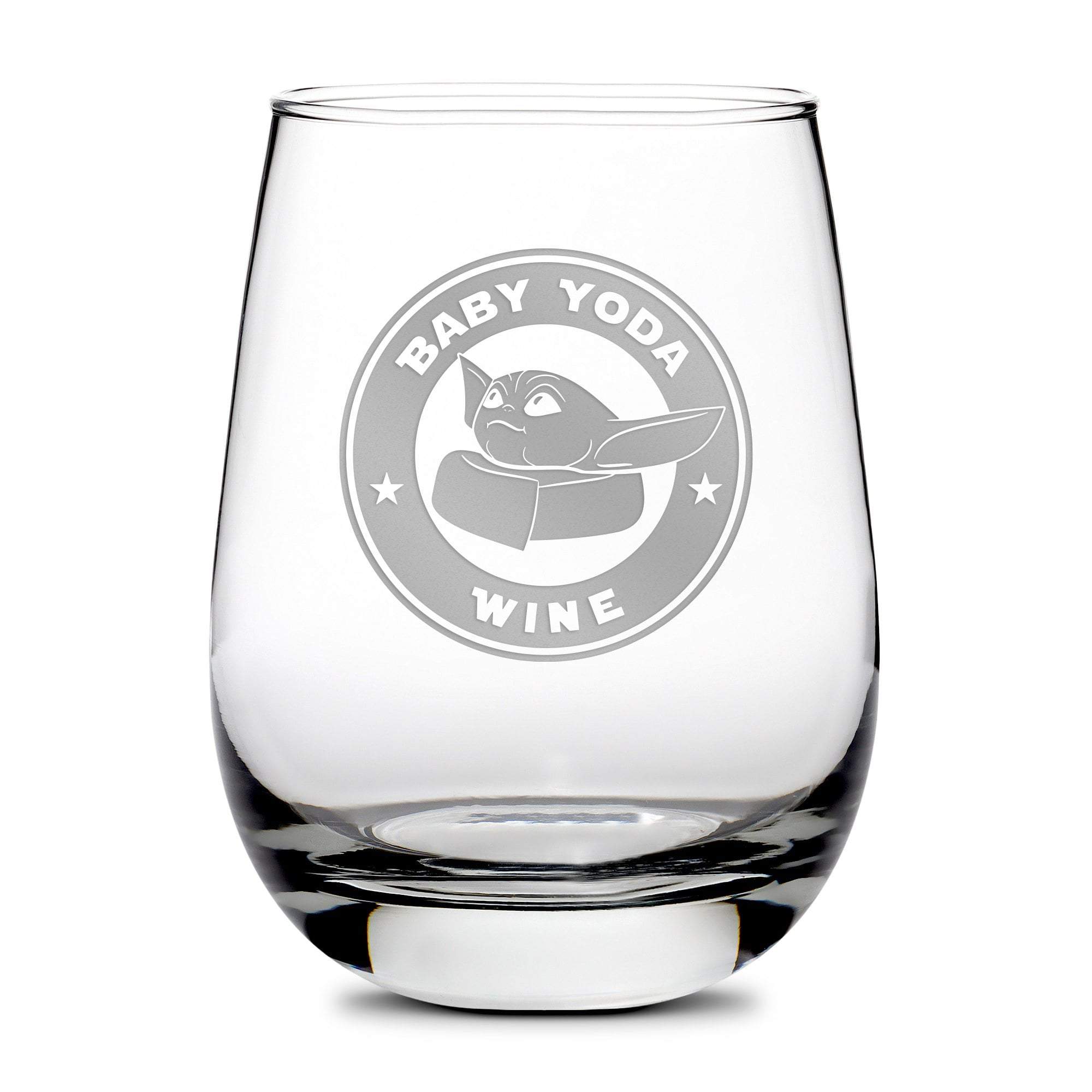 Premium Stemless Wine Glass, Baby Yoda Wine, 16oz, Laser Etched or Hand Etched