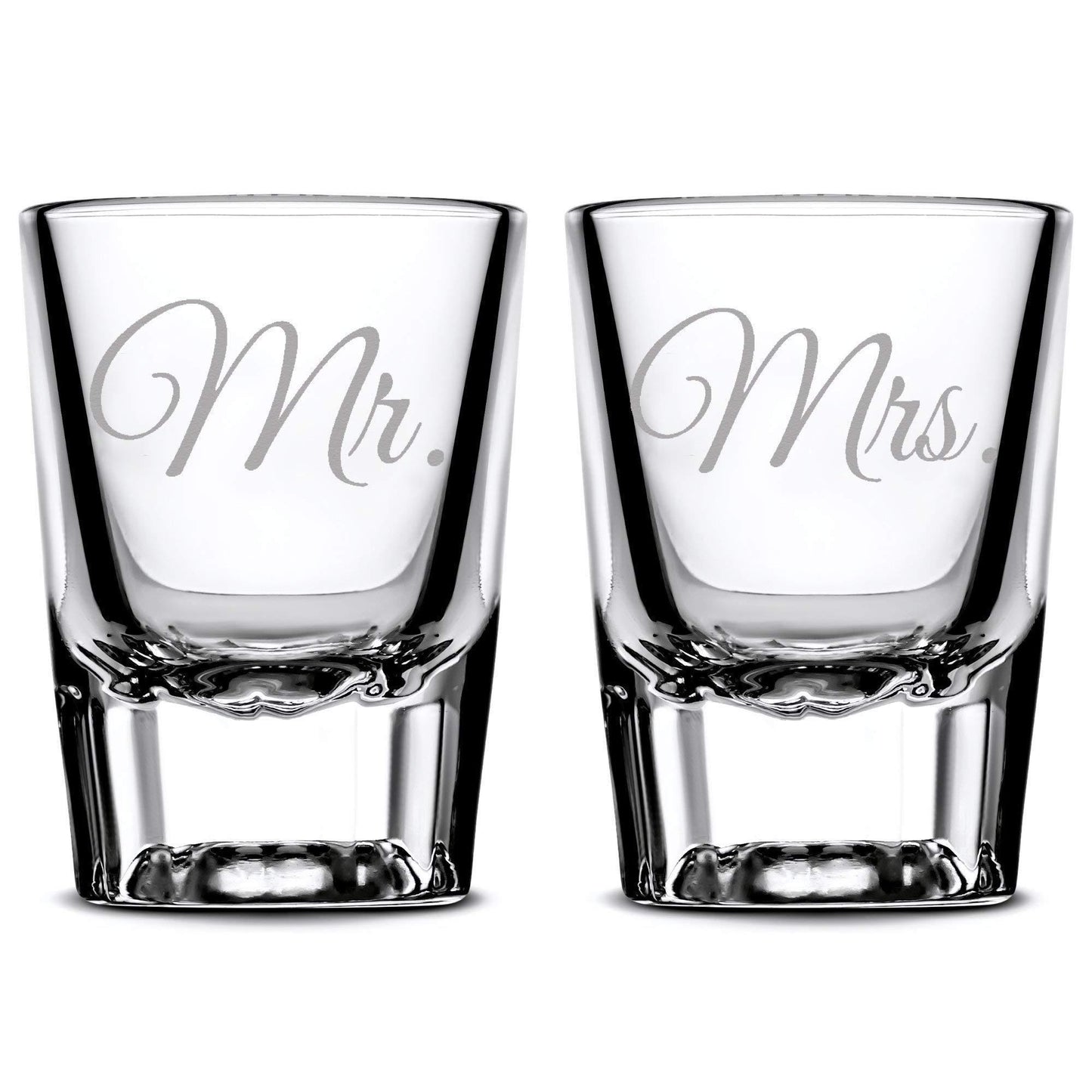 Premium Wedding Shot Glasses, Mr. and Mrs. Integrity Bottles