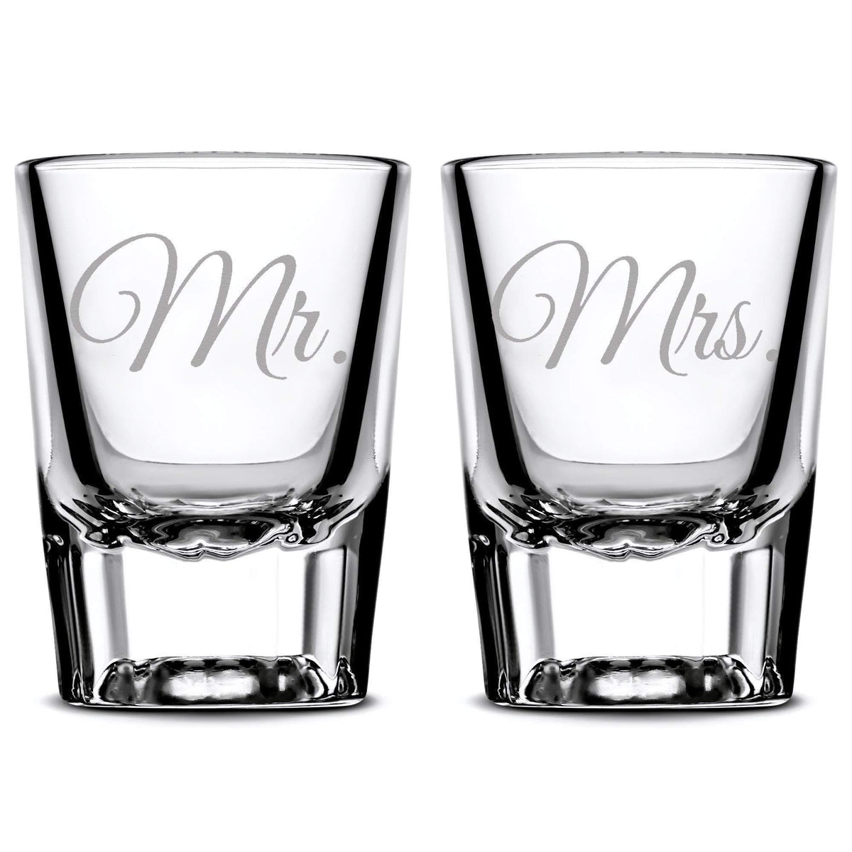 Premium Wedding Shot Glasses, Mr. and Mrs. Integrity Bottles