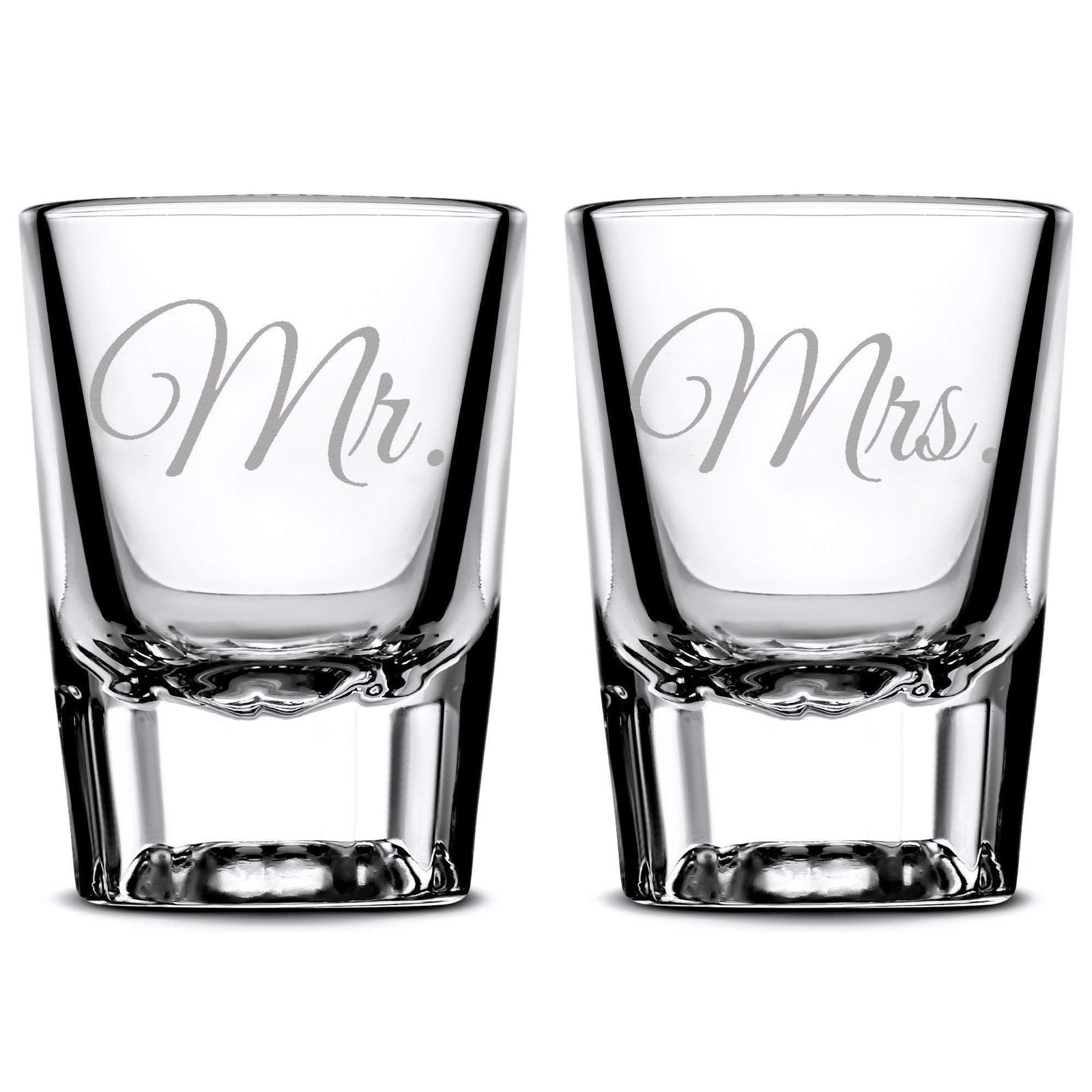 Premium Wedding Shot Glasses, Mr. and Mrs. Integrity Bottles