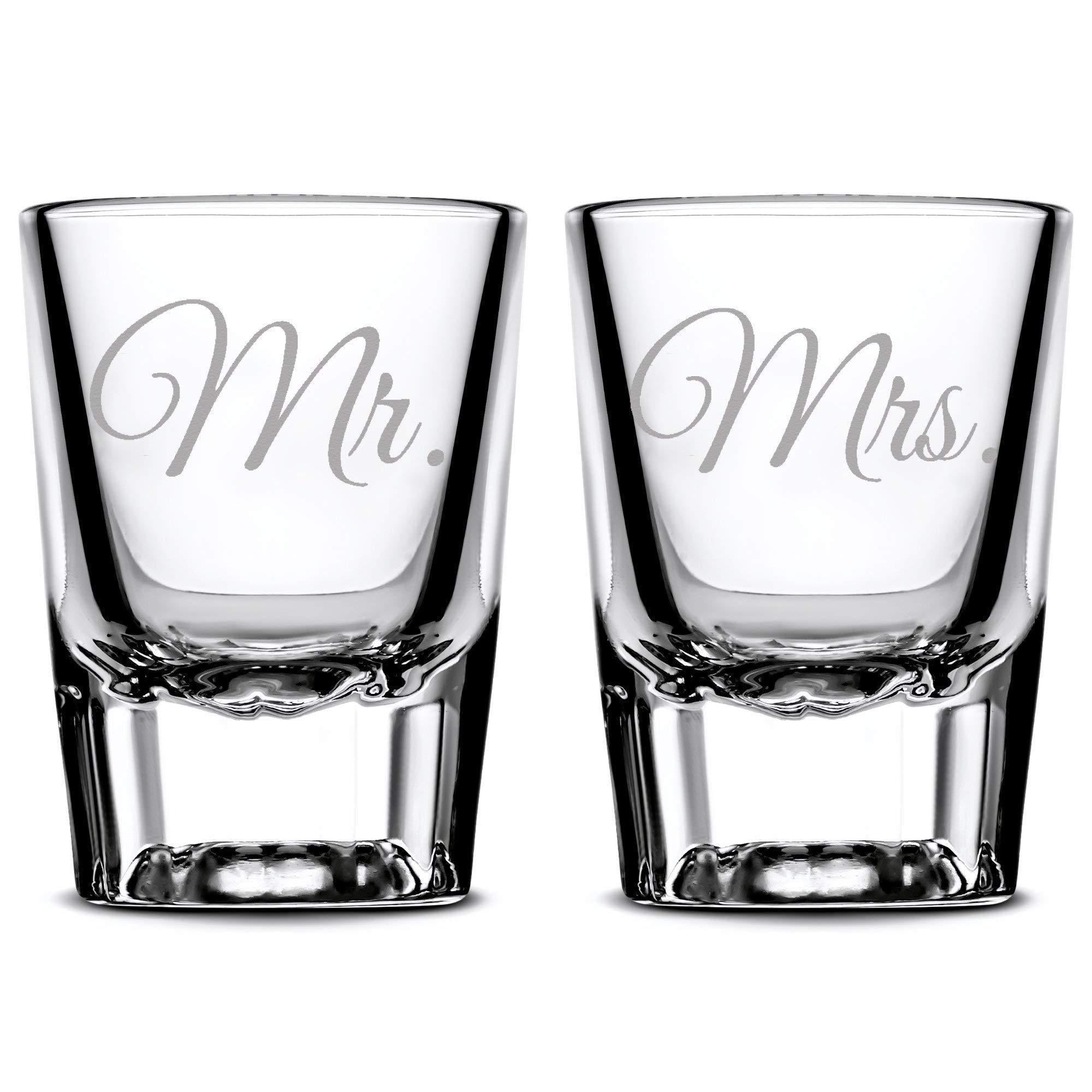 Premium Wedding Shot Glasses, Mr. and Mrs. Integrity Bottles