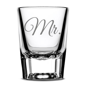 Premium Wedding Shot Glasses, Mr. and Mrs. Integrity Bottles