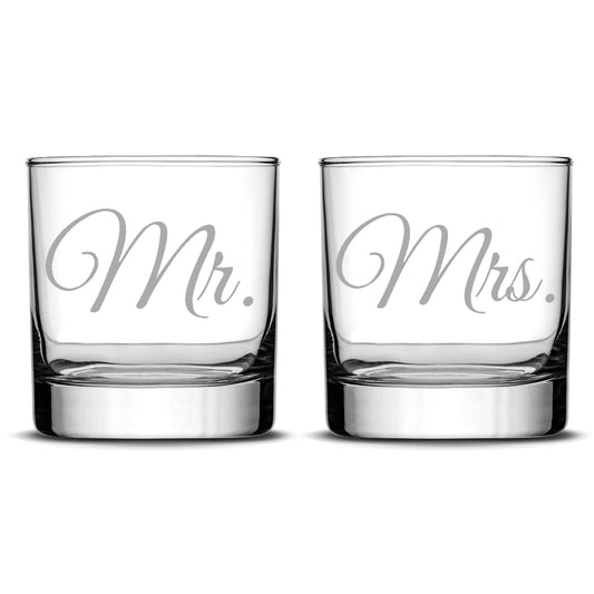 Premium Wedding Whiskey Glasses, Mr. and Mrs., Hand Etched 10oz Rocks Glasses, Made in USA, Highball Gifts, Set of 2, Sand Carved by Integrity Bottles