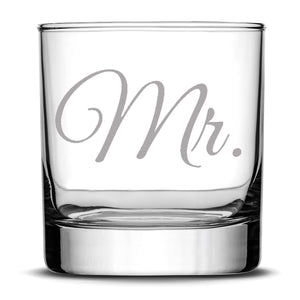 Premium Wedding Whiskey Glasses, Mr. and Mrs., Hand Etched 10oz Rocks Glasses, Made in USA, Highball Gifts, Set of 2, Sand Carved by Integrity Bottles