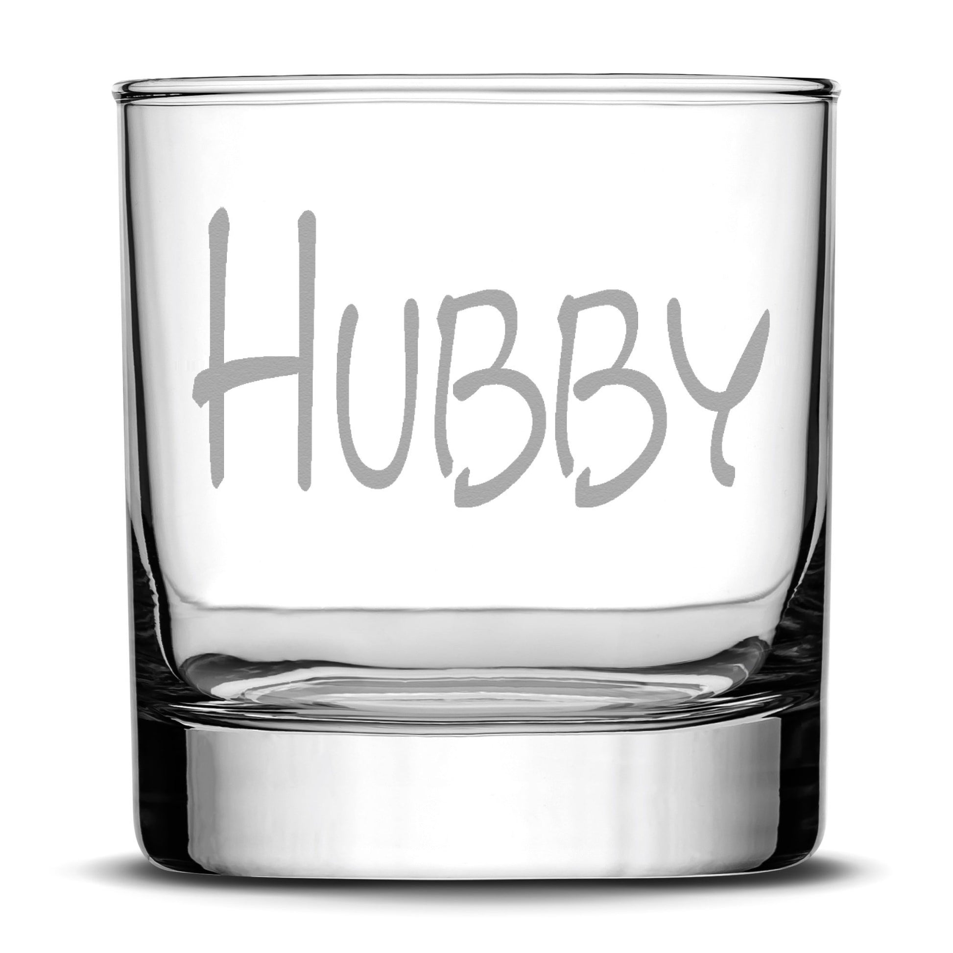 Premium Whiskey Glasses, Hubby and Wifey, Hand Etched 10oz Rocks Glasses, Made in USA, Highball Gifts, Set of 2, Sand Carved by Integrity Bottles