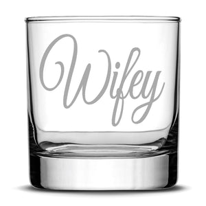 Premium Whiskey Glasses, Hubby and Wifey, Hand Etched 10oz Rocks Glasses, Made in USA, Highball Gifts, Set of 2, Sand Carved by Integrity Bottles
