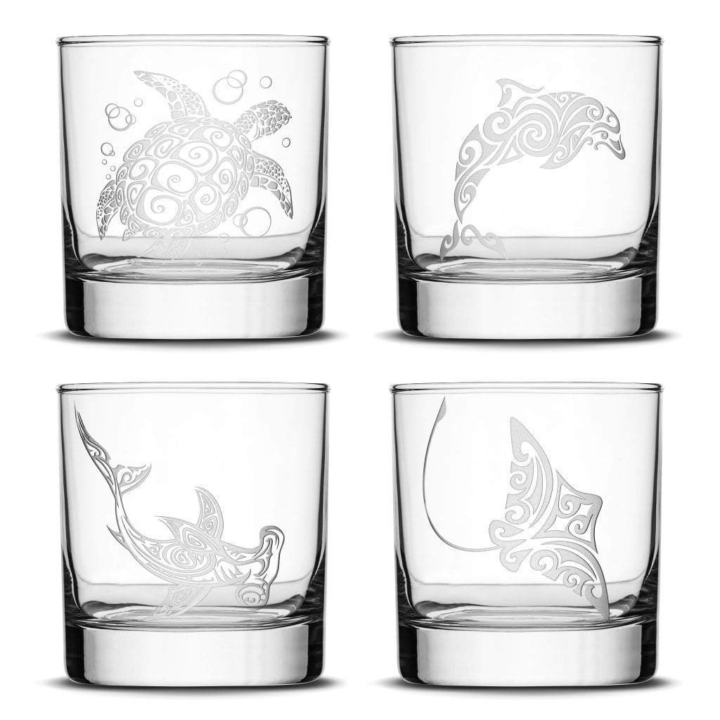 Set of 4, Premium Sea Animal Whiskey Glasses, Sea Turtle, Dolphin, Hammerhead Shark, Eagle Ray, Made in USA, Hand Etched Tribal Design Integrity Bottles