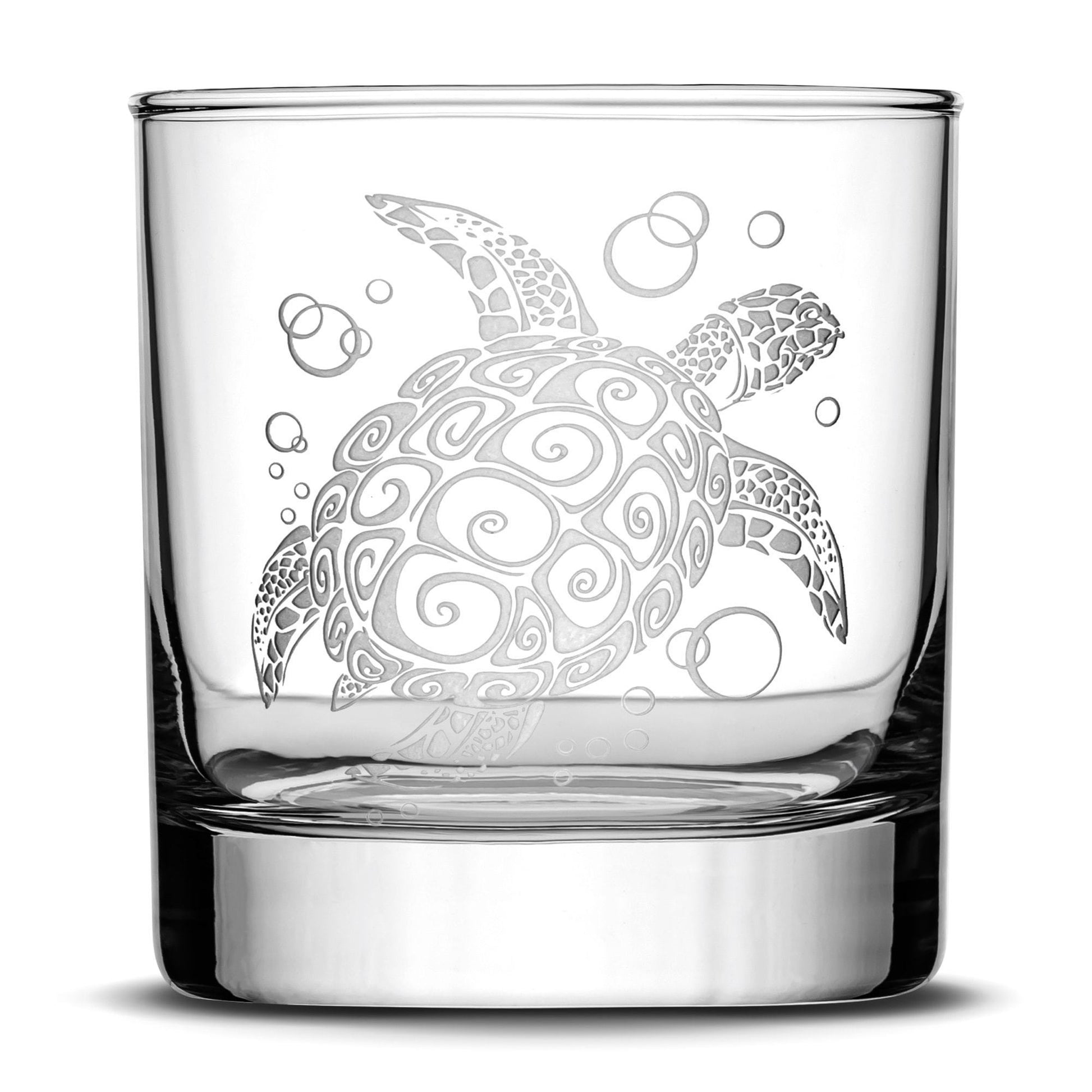 Set of 4, Premium Sea Animal Whiskey Glasses, Sea Turtle, Dolphin, Hammerhead Shark, Eagle Ray, Made in USA, Hand Etched Tribal Design Integrity Bottles