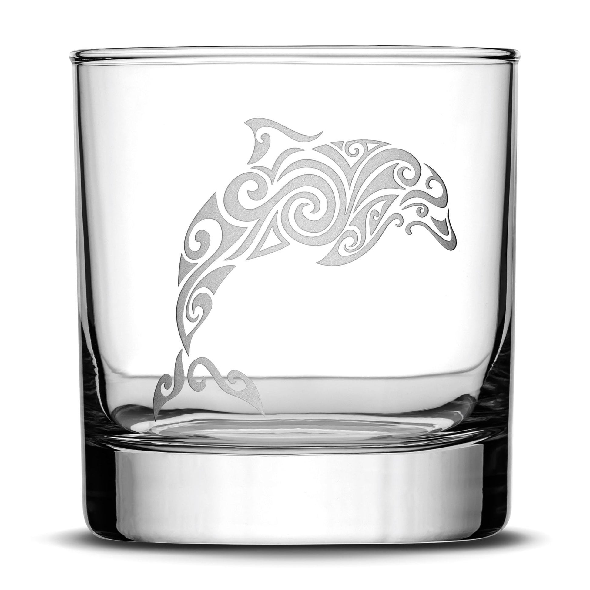 Set of 4, Premium Sea Animal Whiskey Glasses, Sea Turtle, Dolphin, Hammerhead Shark, Eagle Ray, Made in USA, Hand Etched Tribal Design Integrity Bottles