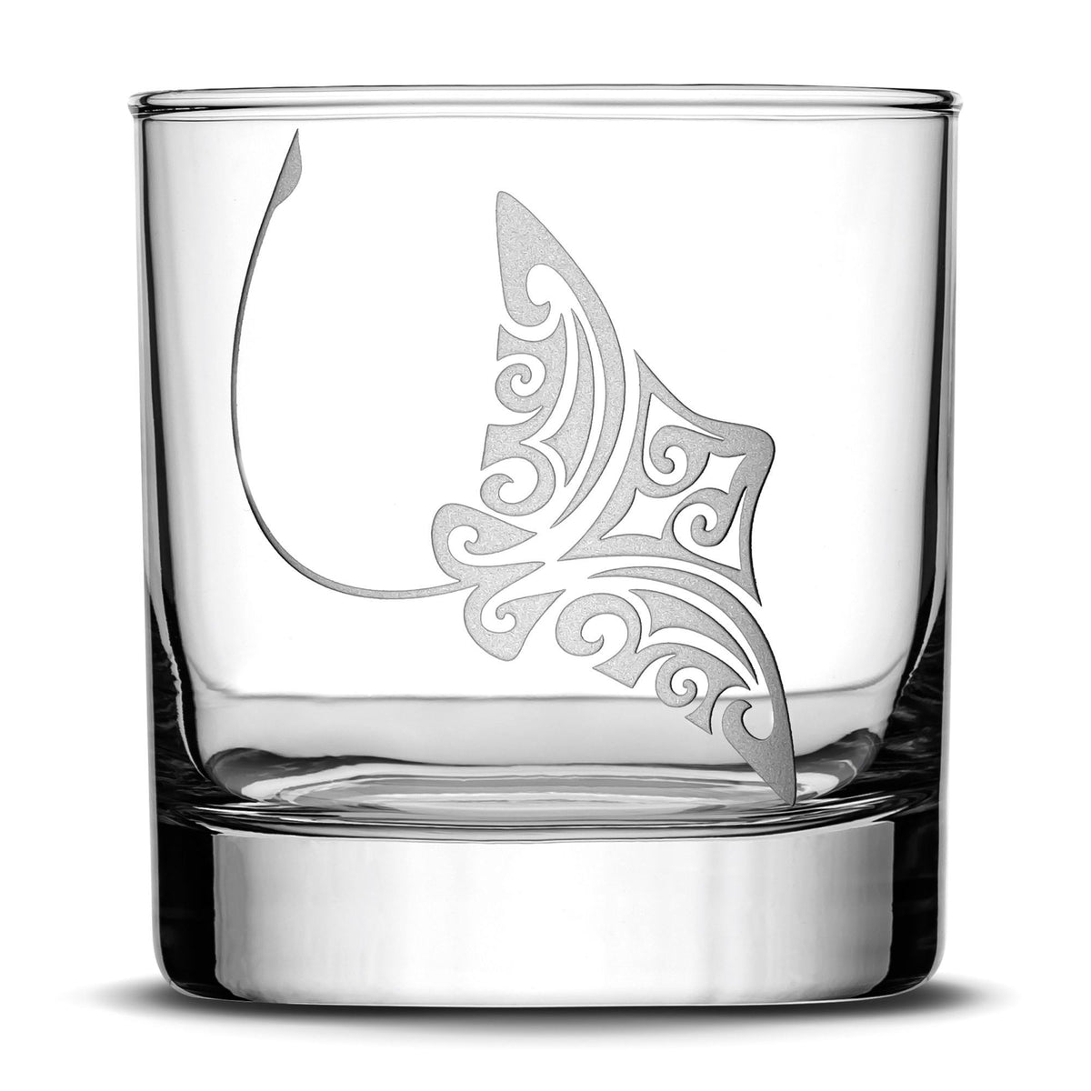 Set of 4, Premium Sea Animal Whiskey Glasses, Sea Turtle, Dolphin, Hammerhead Shark, Eagle Ray, Made in USA, Hand Etched Tribal Design Integrity Bottles