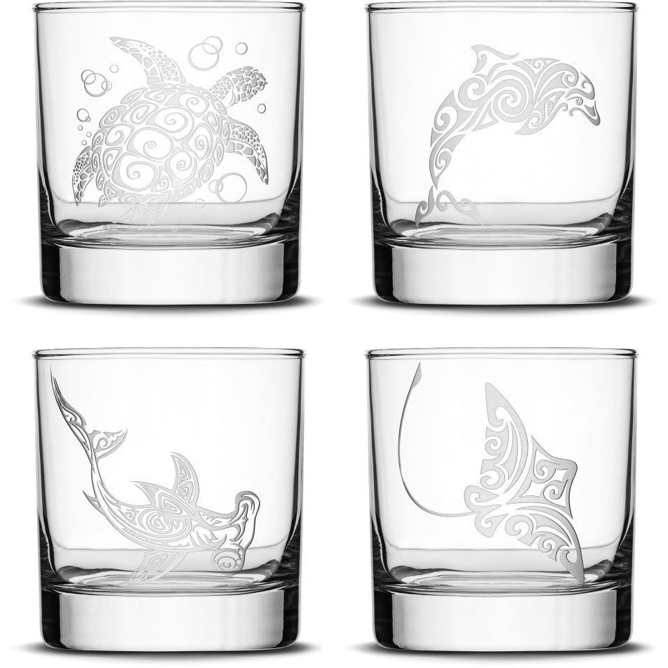 Set of 4, Whiskey Glasses with Tribal Turtle, Dolphin, Shark, and Stingray by Integrity Bottles