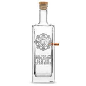 Silver Etch Premium .50 Cal BMG Bullet Bottle, Liberty Whiskey Decanter, Brojaq Sprocket, 750mL Integrity Bottles