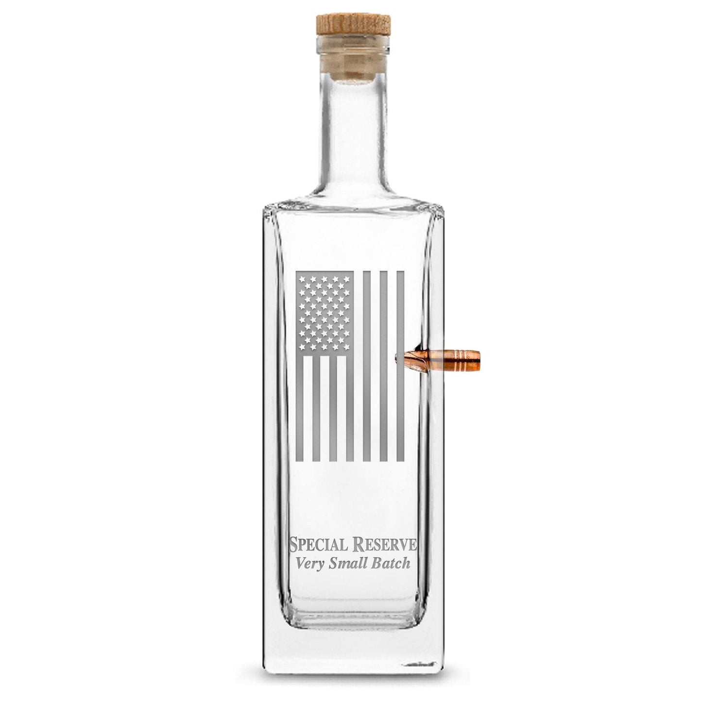 Silver Etch Premium .50 Cal BMG Bullet Bottle, Liberty Whiskey Decanter with Cork Stopper, American Flag, 750mL by Integrity Bottles
