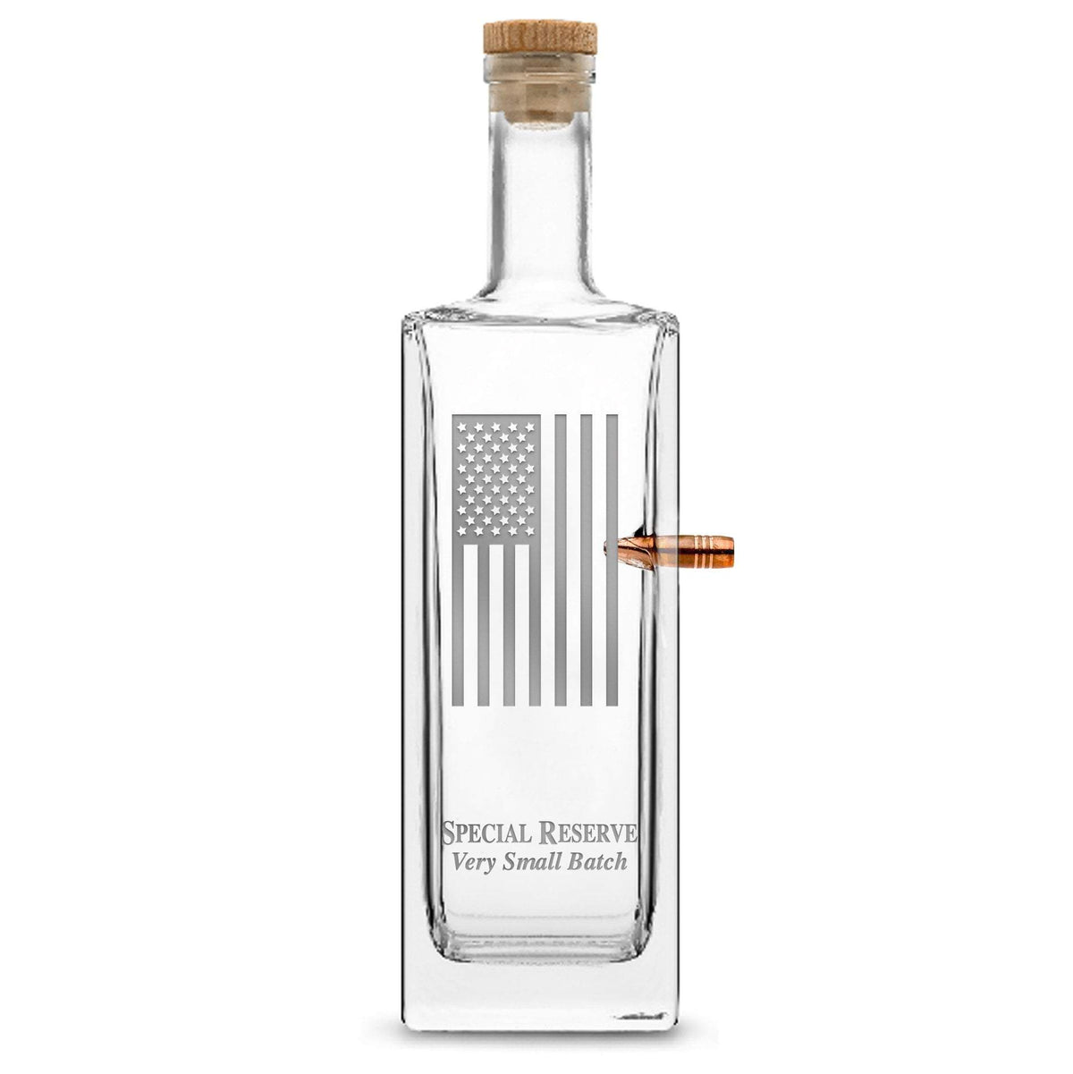 Silver Etch Premium .50 Cal BMG Bullet Bottle, Liberty Whiskey Decanter with Cork Stopper, American Flag, 750mL by Integrity Bottles