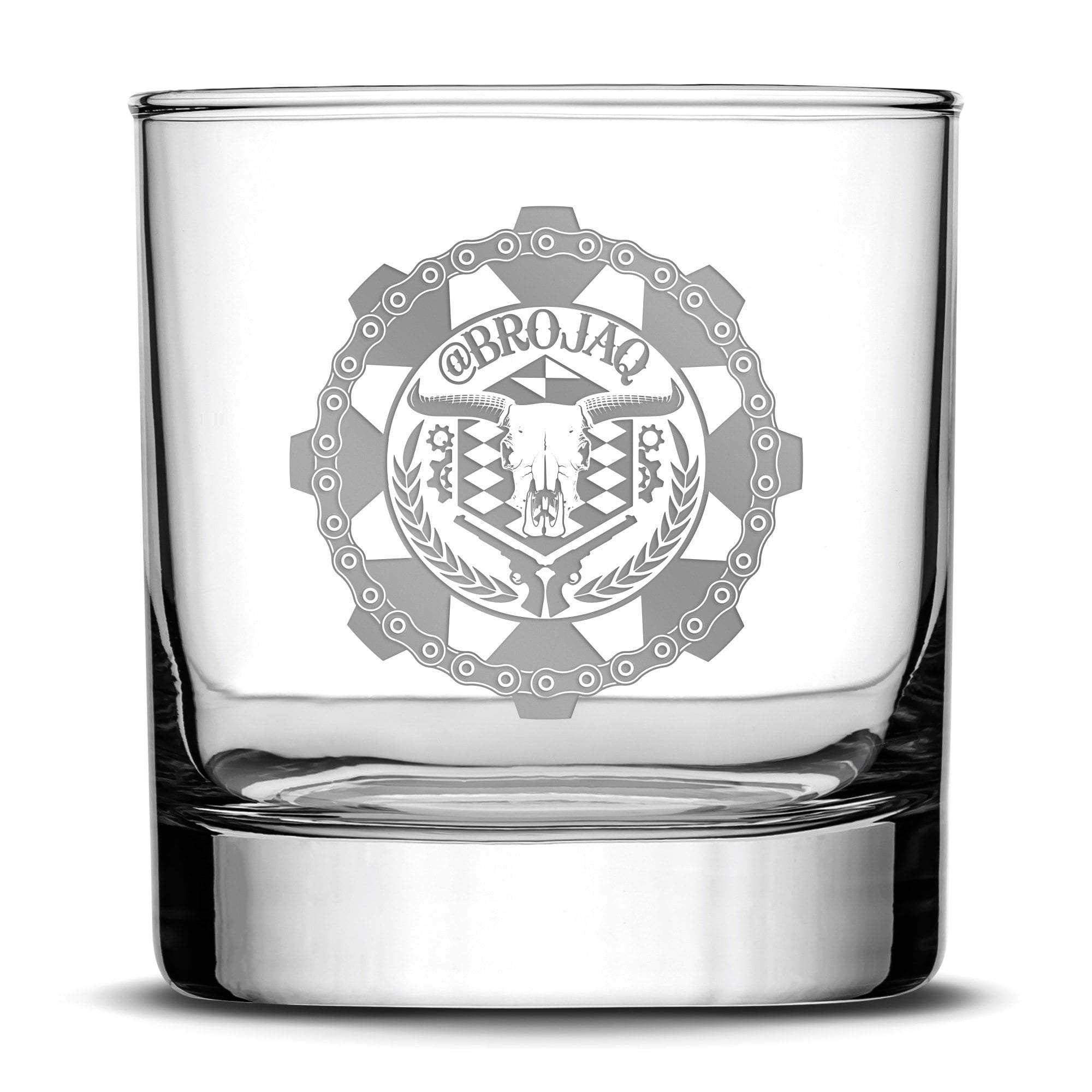 Silver Etch Premium Whiskey Glass, Hand-Etched Liquor and Rocks Tumbler, Old Fashioned Brojaq Sprocket, Made in USA, 11oz Integrity Bottles